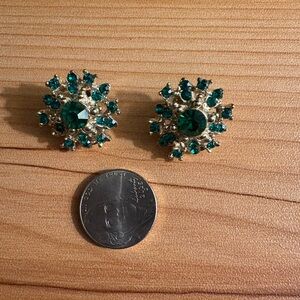 Green rhinestone Vintage clip on earrings